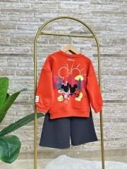 Yeni Sezon Kız Çocuk Minnie And Mickey Mouse Baskılı Pamuklu Sweatshirt ve Eşofman Altlı Ikili Takım