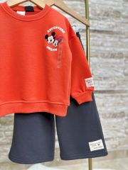 Yeni Sezon Kız Çocuk Minnie And Mickey Mouse Baskılı Pamuklu Sweatshirt ve Eşofman Altlı Ikili Takım