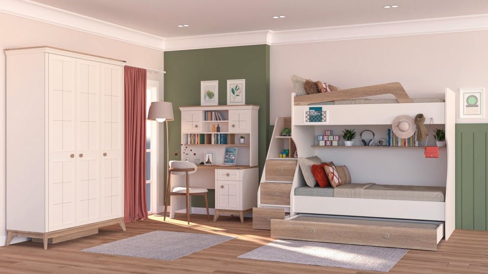 Ferro Compact Ranza Ahşap Merdivenli 90x190 Ceviz Krem