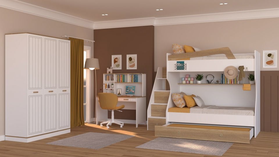 Ferro Compact Ranza Ahşap Merdivenli 90x190 Ceviz Beyaz