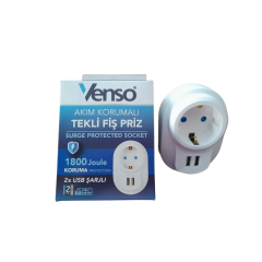 Venso Akım Tekli Korumalı 2xUSB Şarjlı Fiş Priz 1080 Joule