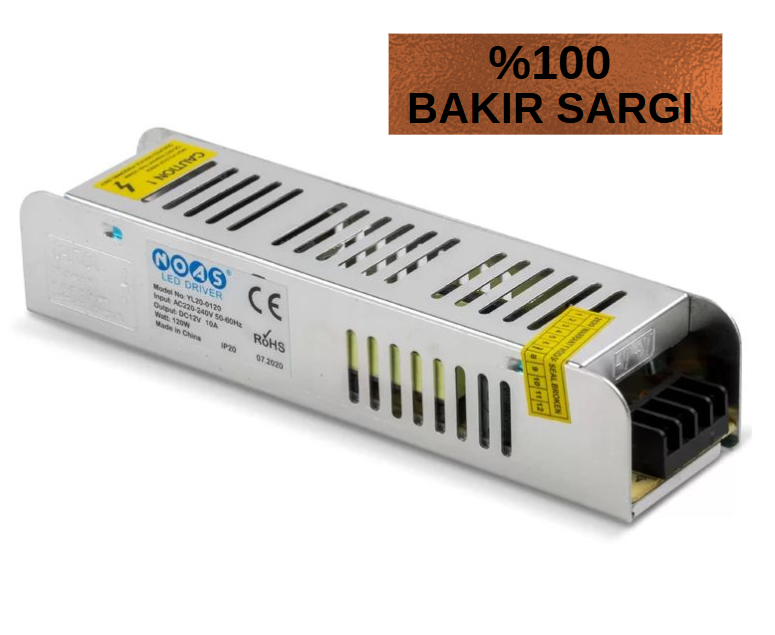 Noas 10 Amper 120W 12 Volt Şerit Led Trafosu Slim Bakır Sargı YL20-0120