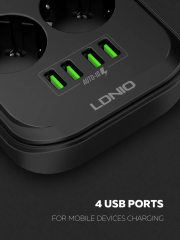 Ldnio SE6403 6'lı Akım Korumalı Priz 3.4A 4 Port USB Girişli