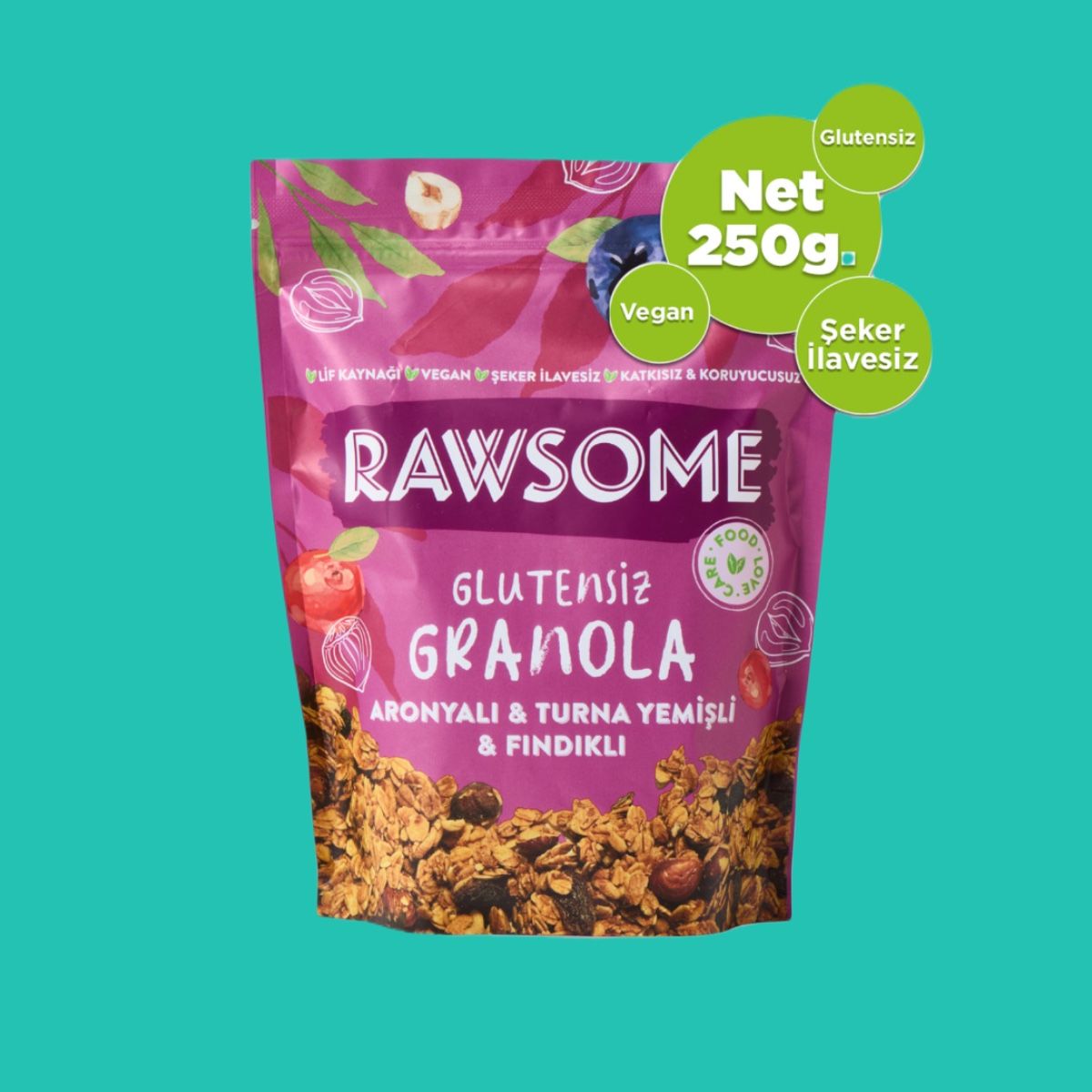 Rawsome Glutensiz Aronyalı & Turna Yemişli & Fındıklı Granola 250 gr