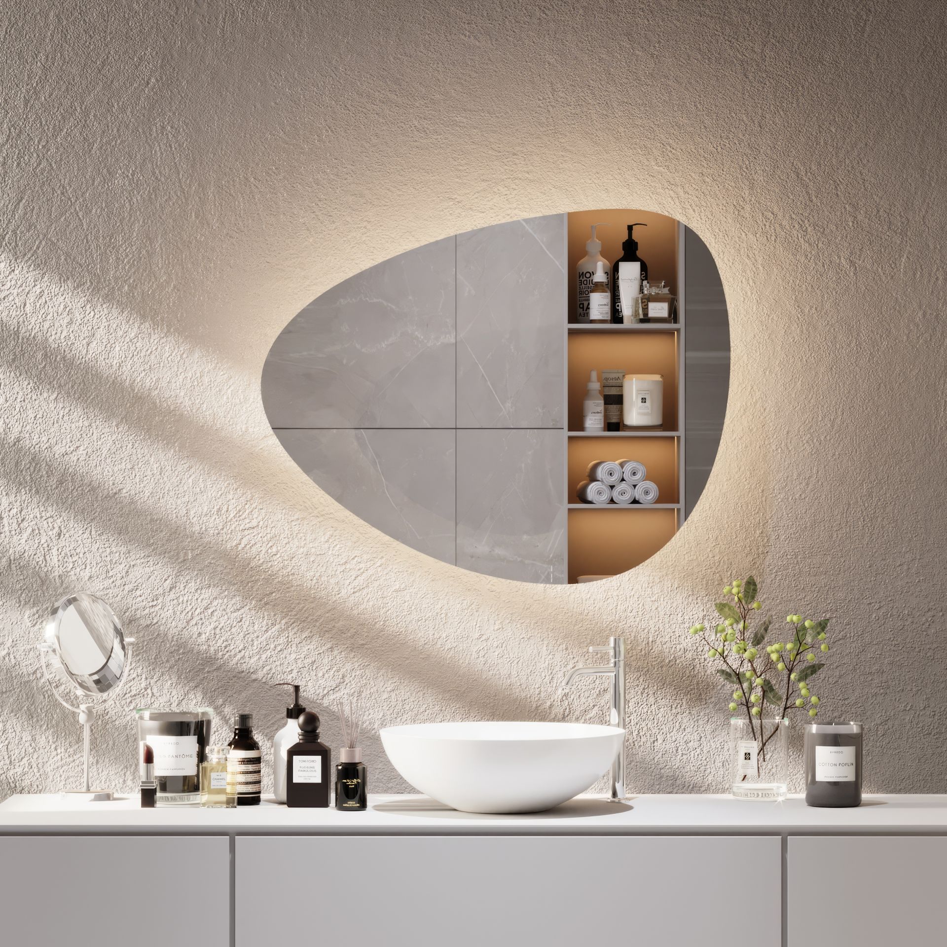 Asimetrik, Banyo, Lavabo Aynası, Led, Dekoratif Ayna, Led Ayna, Ayna, Dokunmatik Led, Dokunmatik Switch