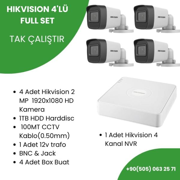 Hikvision 4 Kameralı (1TB Harddisc) Güvenlik Kamerası Full Tak Çalıştır Set