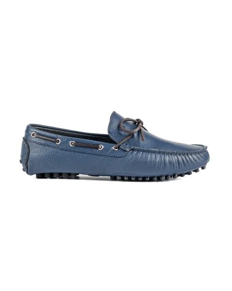 Side Navy Blue Genuine Leather Men's Loafer Shoes