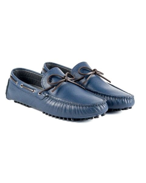 Side Navy Blue Genuine Leather Men's Loafer Shoes