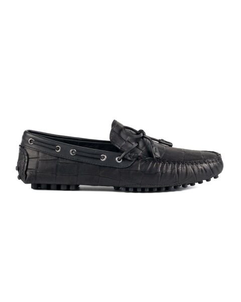 Side Siyah Kroko Hakiki Deri Erkek Loafer Ayakkabı