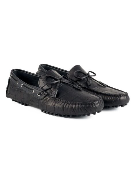Side Siyah Kroko Hakiki Deri Erkek Loafer Ayakkabı