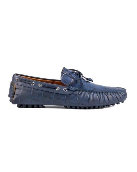 Side Navy Blue Crocodile Genuine Leather Men's Loafer Shoes