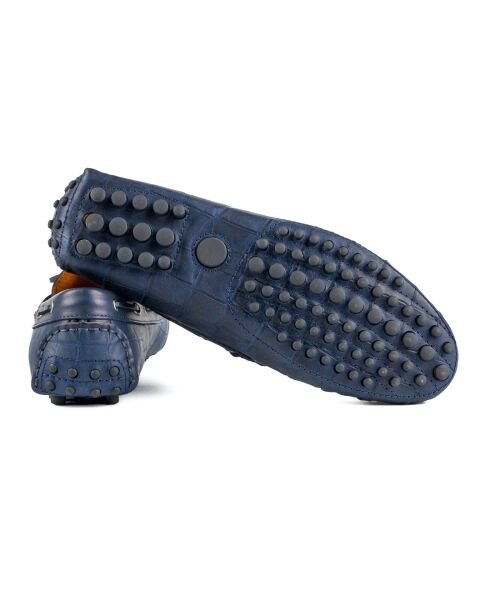Side Lacivert Kroko Hakiki Deri Erkek Loafer Ayakkabı