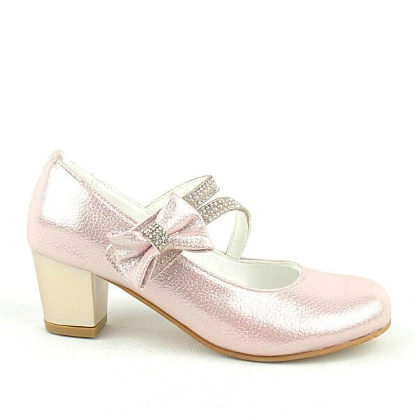Вечерние модельные туфли на каблуке для девочек с розовой лентой и камнями