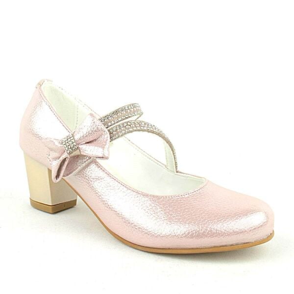 Вечерние модельные туфли на каблуке для девочек с розовой лентой и камнями