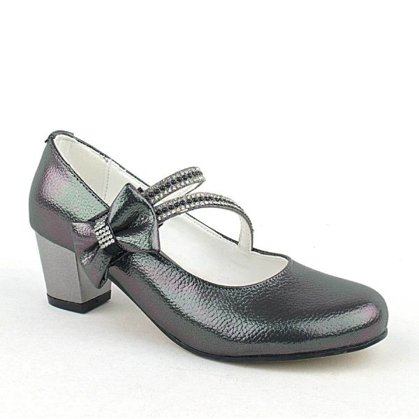 Вечерние модельные туфли на каблуке для девочек с платиновой лентой и камнями