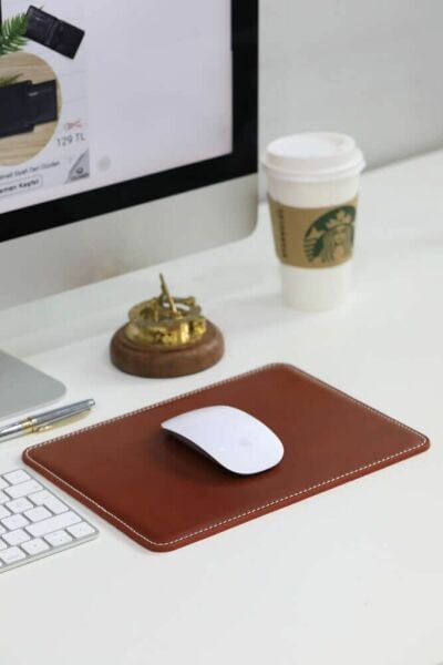 Tan Leather Mouse Pad with Guard Stitching Detail 26 x 20