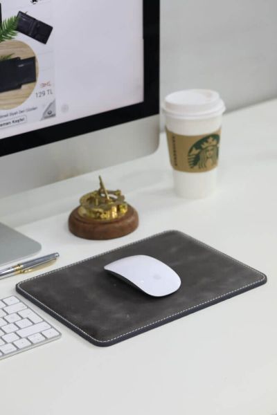 Antique Gray Leather Mouse Pad with Guard Stitching Detail 26 x 20 Cm