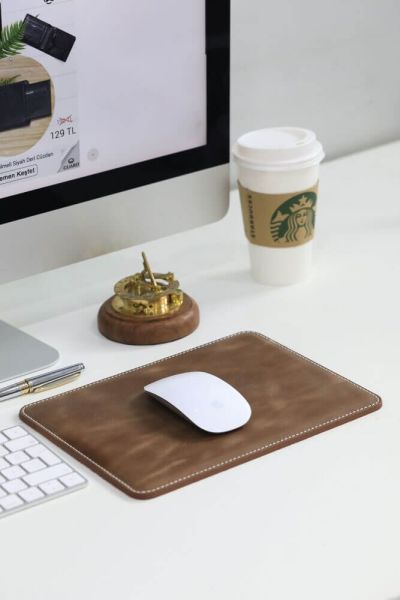 Antique Brown Leather Mouse Pad with Guard Stitching Detail 26 x 20 Cm