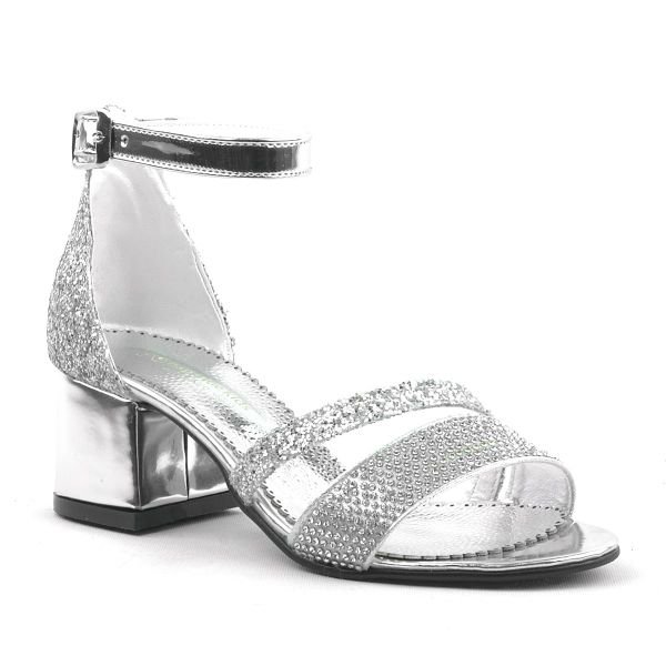 Anna Silver Glitter Thick Heeled Banded Girls' Evening Dress Shoes