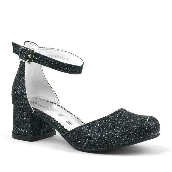 Merida Black Glitter Thick Heeled Girls' Heeled Shoes