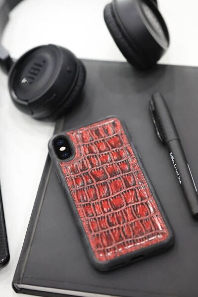 حافظة حماية جلدية بنمط جلد التمساح باللون الأحمر لهاتف iPhone X / XS