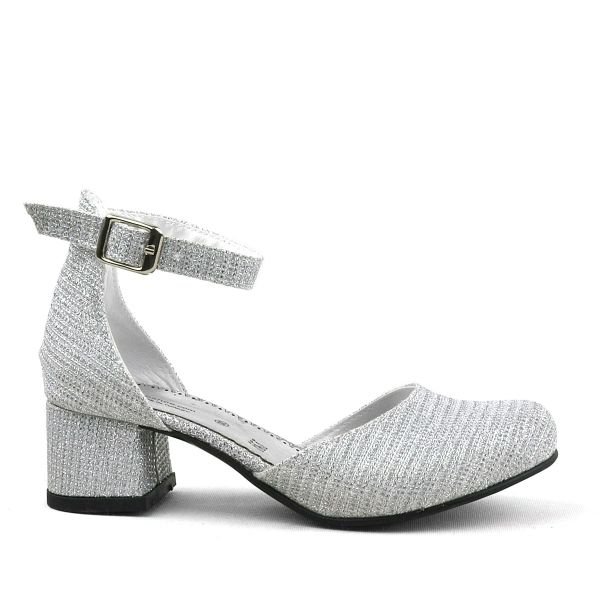 Merida Gümüş Simli Kalın Topuklu Kız Çocuk Topuklu Ayakkabı