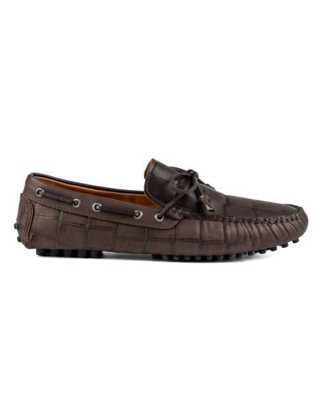 Side Brown Crocodile Genuine Leather Men's Loafer Shoes
