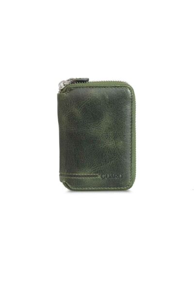 محفظة صغيرة من الجلد باللون الأخضر العتيق مع سحاب حماية