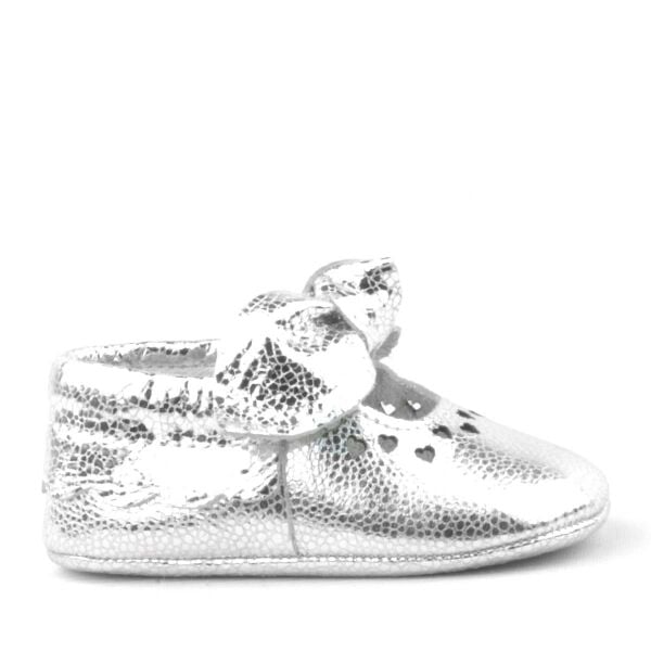 Coco Genuine Leather Silver Bow Elastic Baby Booties