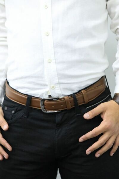Классический мужской кожаный ремень с защитной коричневой строчкой - 3,5 см