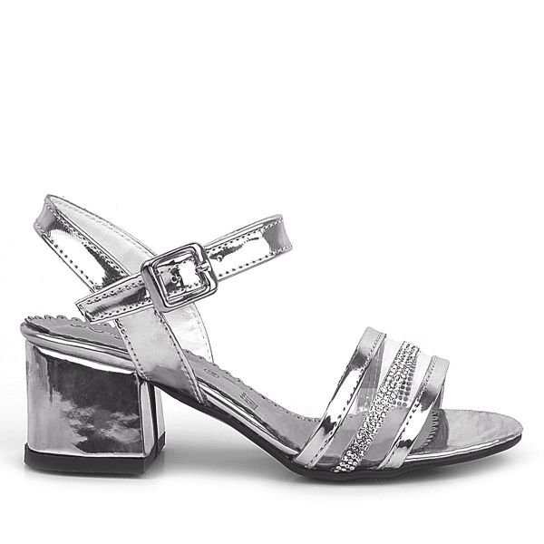Platinum Grey Patent Leather Stone Stick Girls' Evening Dress Heeled Shoes