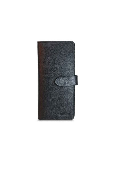 محفظة هاتف من الجلد الأسود مع فتحات للبطاقات والمال