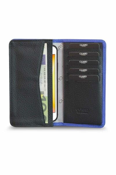 Синий черный кожаный кошелек-портфель с входом для защитного телефона