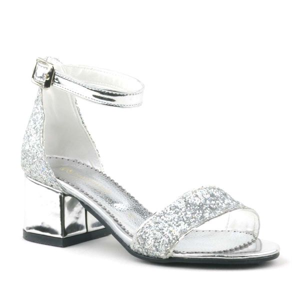 Elsa Silver Glitter Thick Heeled Single Strap Girls' Evening Dress Shoes