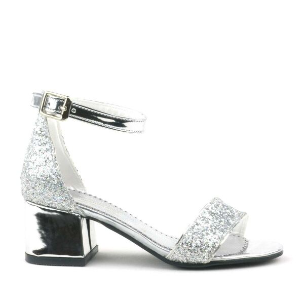 Elsa Silver Glitter Thick Heeled Single Strap Girls' Evening Dress Shoes