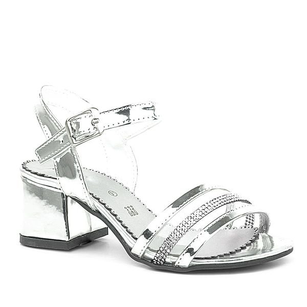 Silver Grey Patent Leather Stone Stick Girls Evening Dress Heeled Shoes