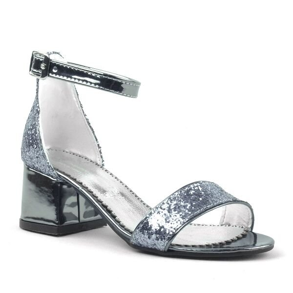 Elsa Platinum Glitter Thick Heeled Girls' Evening Dress Shoes