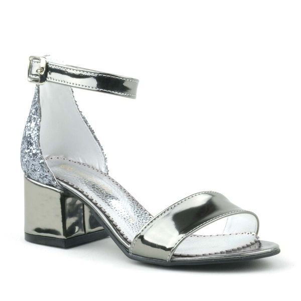Elsa Platinum Mirrored Thick Heeled Girls Shoes Evening Dress Shoes