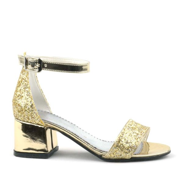 Elsa Gold Glitter Thick Heeled Girls Dress Evening Shoes