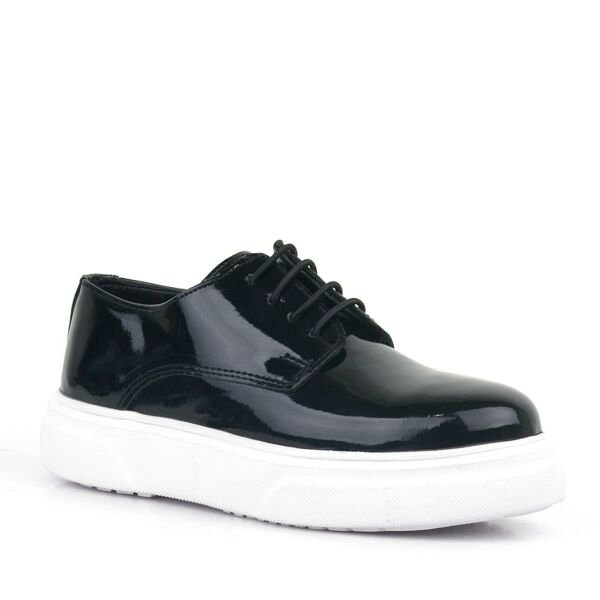 Rakerplus Derby حذاء كلاسيكي من الجلد باللون الأسود ونعل أبيض للأطفال