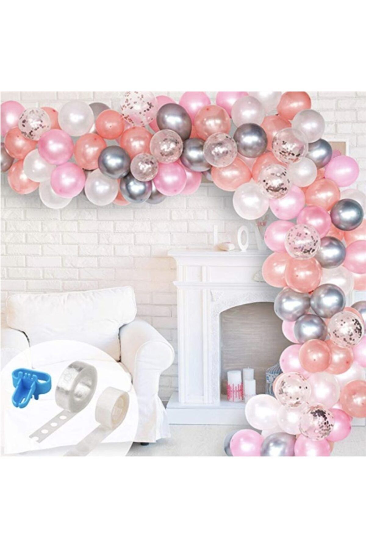 Rose Gold Pembe Beyaz Gümüş Krom Konfetili Renkte Zincir Balon Seti