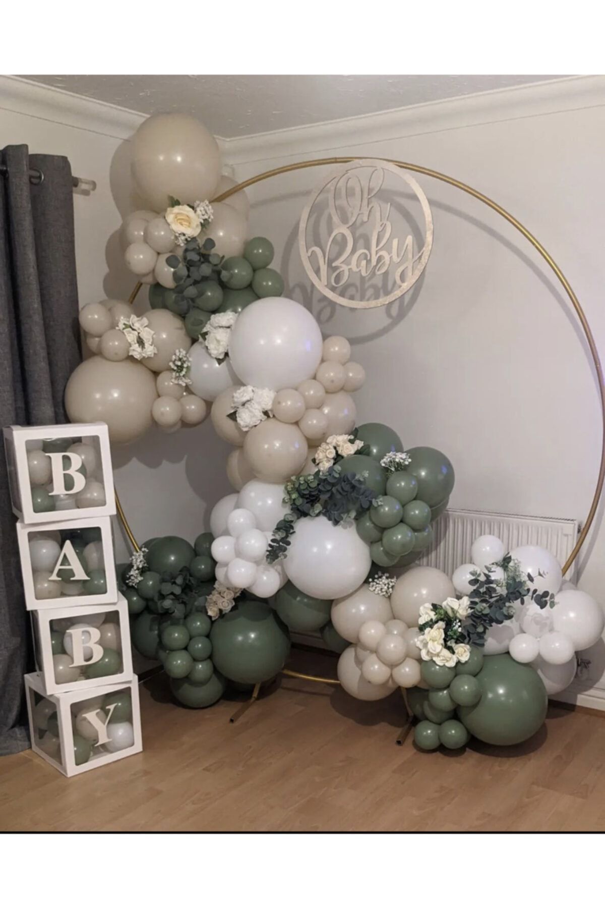 Retro Adaçayı Deniz Kumu Ve Beyaz Balon Zinciri 100 Adet