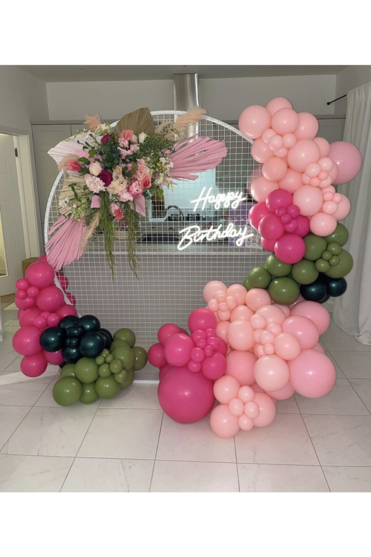 Makaron Pembe Küf Yeşili Fuşya Ve Siyah Balon Zinciri 100 Adet