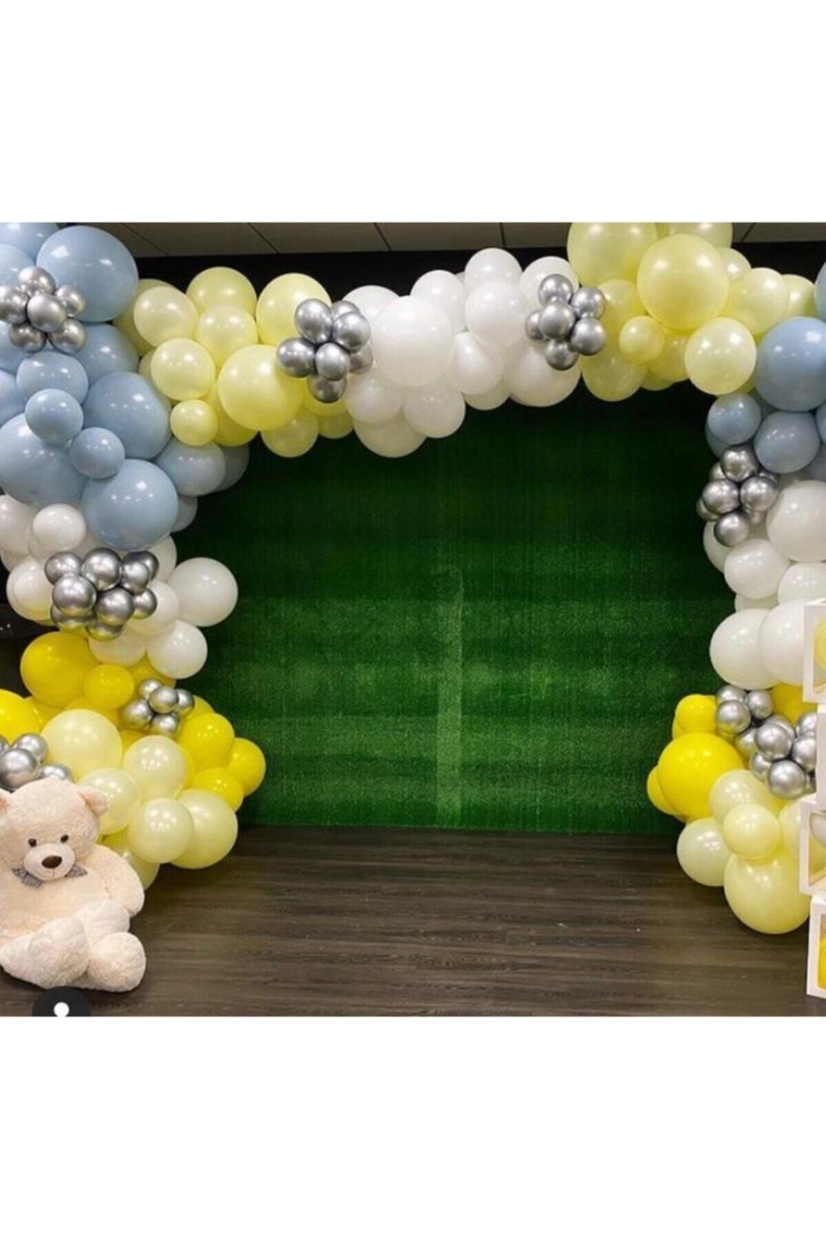 Krom Gümüş Pastel Sarı Beyaz Gri Ve Makaron Sarı Balon Zinciri 100 Adet