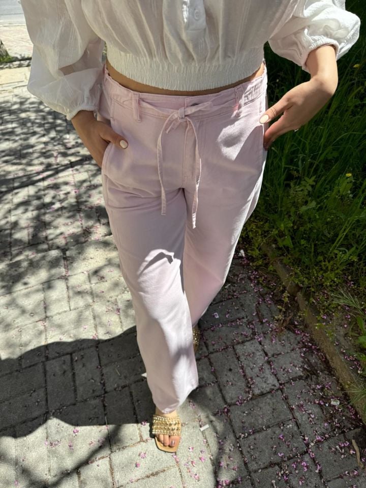 dilvin beli lastikli bağcıklı pantolon pembe
