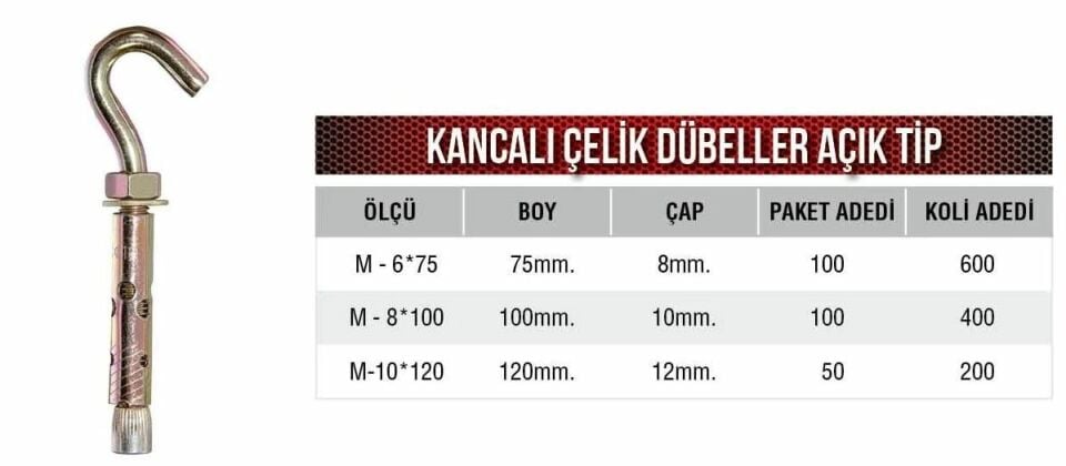 Açık Kancalı Dübel 6-8-10 mm