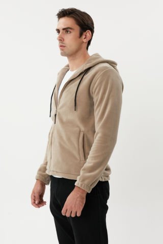 Twister ESW 2780 Kapşonlu Fermuarlı Tüylenmez Polar Sweat Ceket Bej