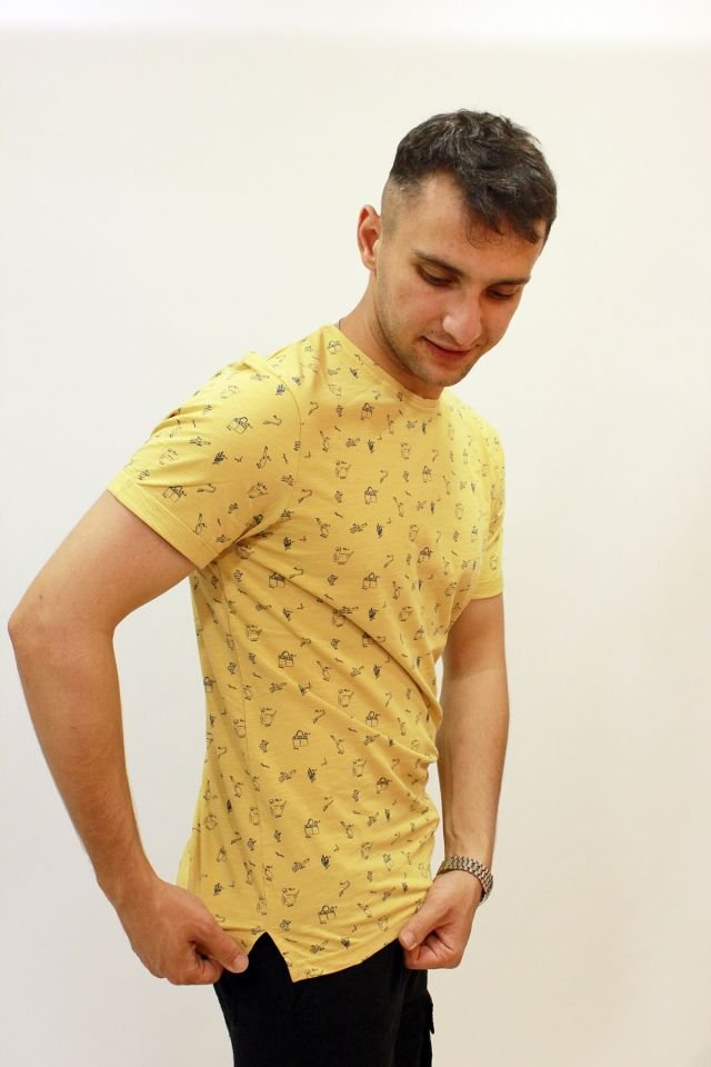 Caz 4174 Bisiklet Yaka Kendinden Desenli Erkek T-Shirt Camel