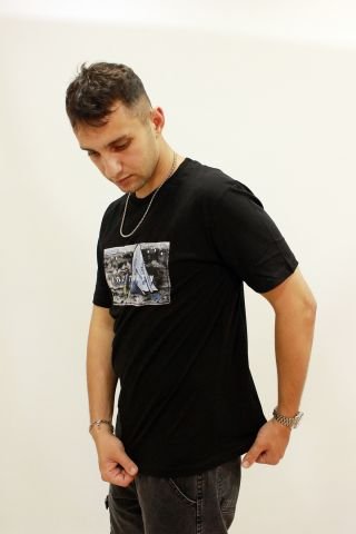 ETS 2270 Baskılı İşleme Detaylı Relax Fit Erkek T-Shirt Siyah