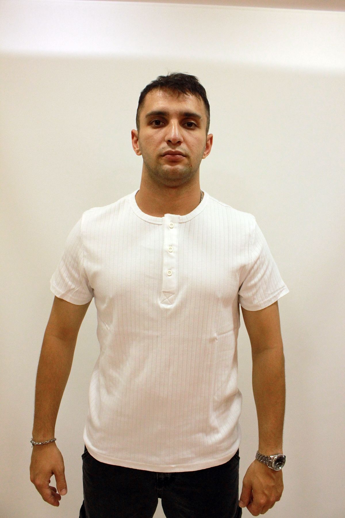 Caz 4270 Kendinden Dokulu Düğmeli Patlı Yaka Erkek T-Shirt Beyaz